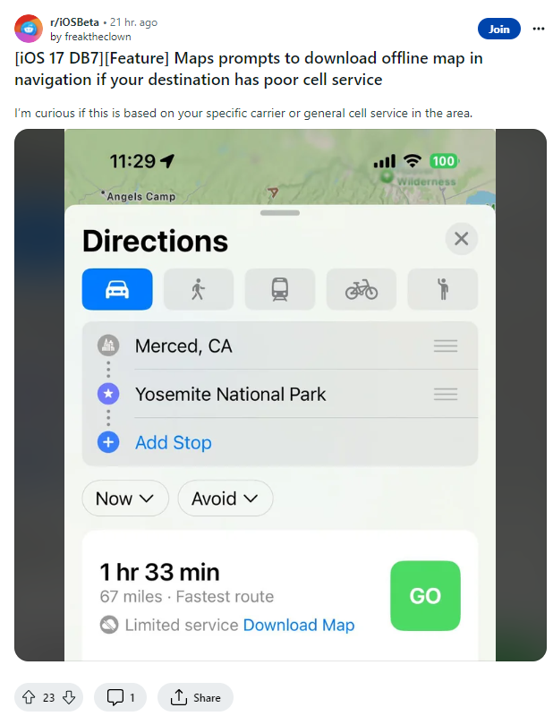 用戶(hù)前往信號(hào)較差的地區(qū)時(shí)，iOS 17 將提前提醒下載離線(xiàn)地圖