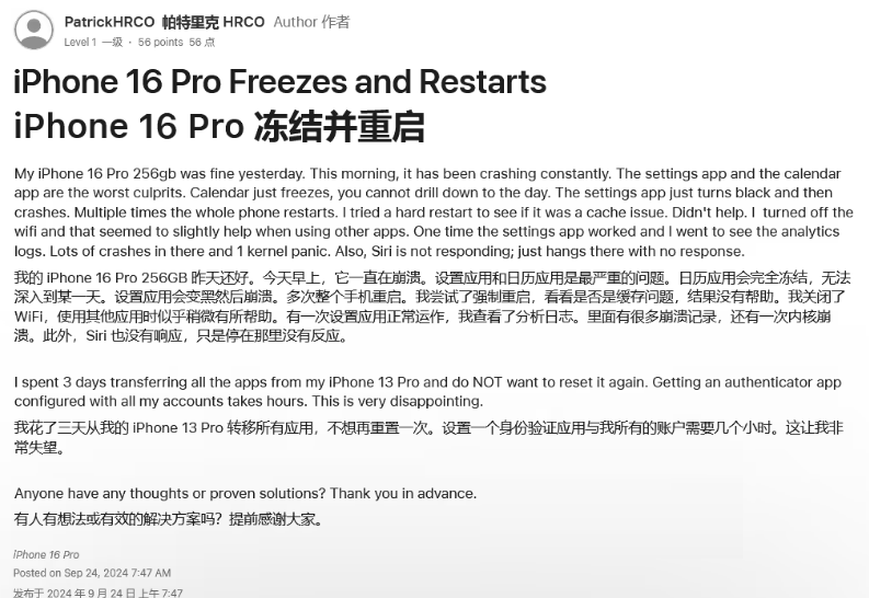 部分iPhone 16 Pro / Max 用戶遇隨機(jī)卡死 / 重啟問(wèn)題